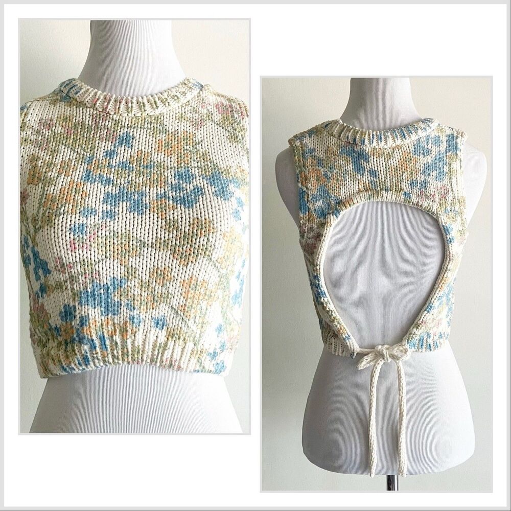Zara Floral Cut Out Cropped Sweater Top Size Small Sleeveless Backless Tie